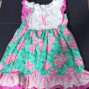 Floral Pink and Green Ricrac and Ruffles Dress with Monogram- Size 6